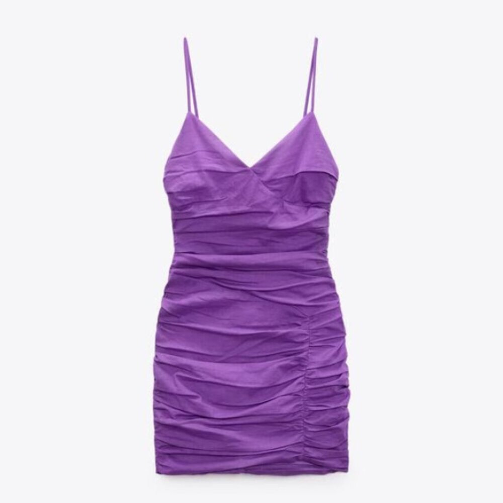 Zara Draped Blended Linen Lilac Minidress, XL